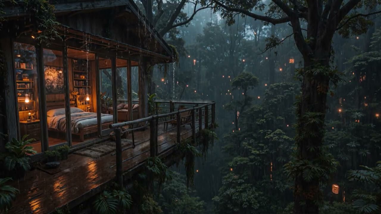Gentle Rain Under Dark Forest Skies by a Cozy Cabin 🌧️🌲 | Sleep Better Tonight
