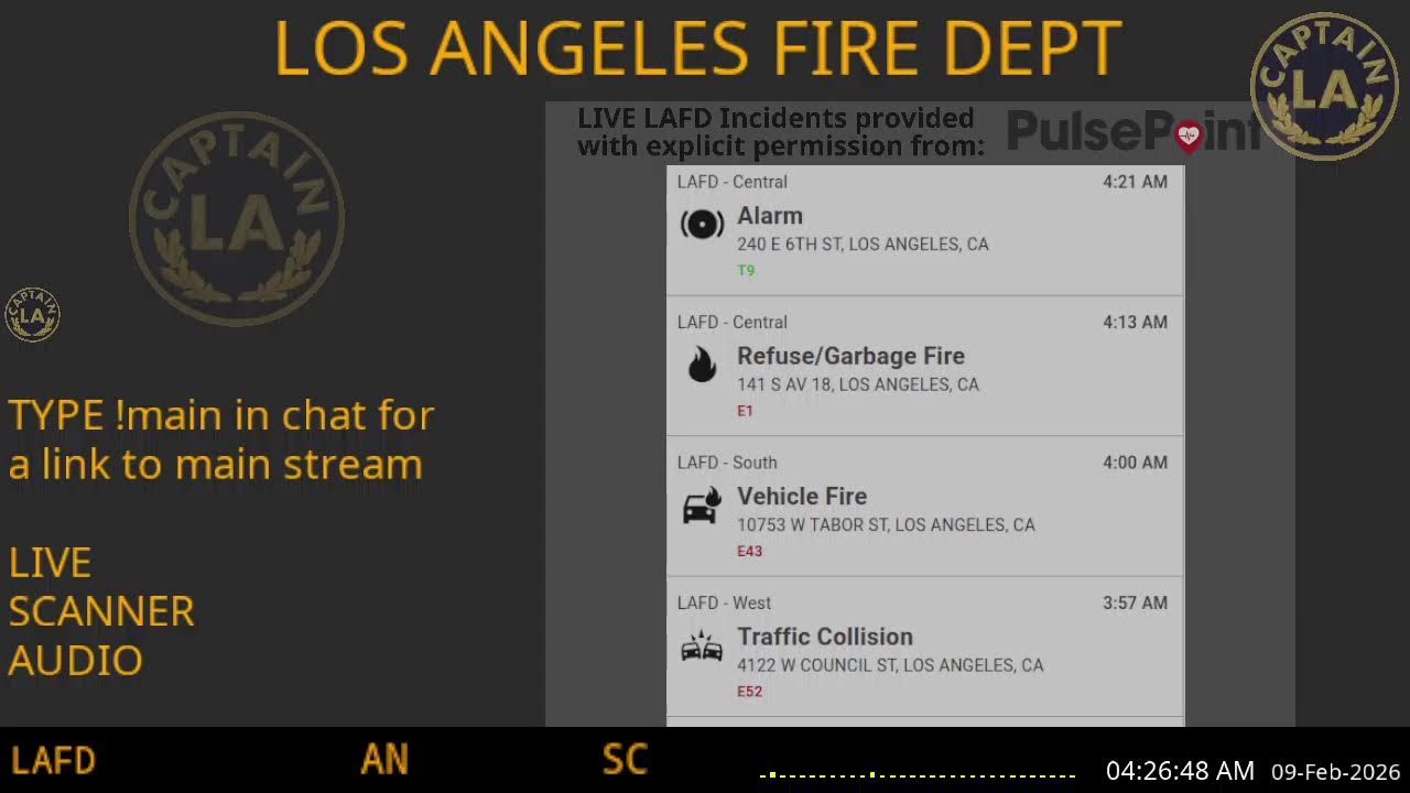 LAFD - *LIVE* Los Angeles Fire Department SCANNER Radio // FIRE & EMS // 08-Feb-2026 // LA CAPTAIN