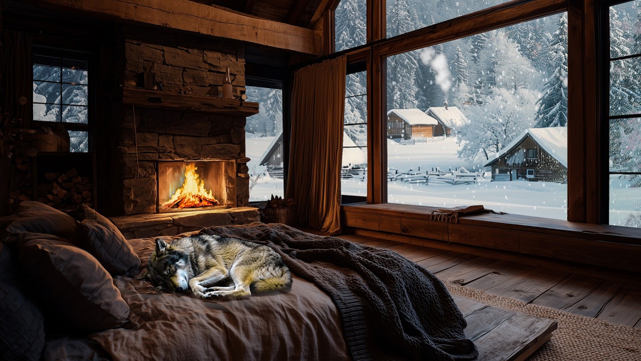 Relaxing Winter Cabin Atmosphere with Crackling Fire - Soft Snowstorm Sounds for Deep Sleep & Rest