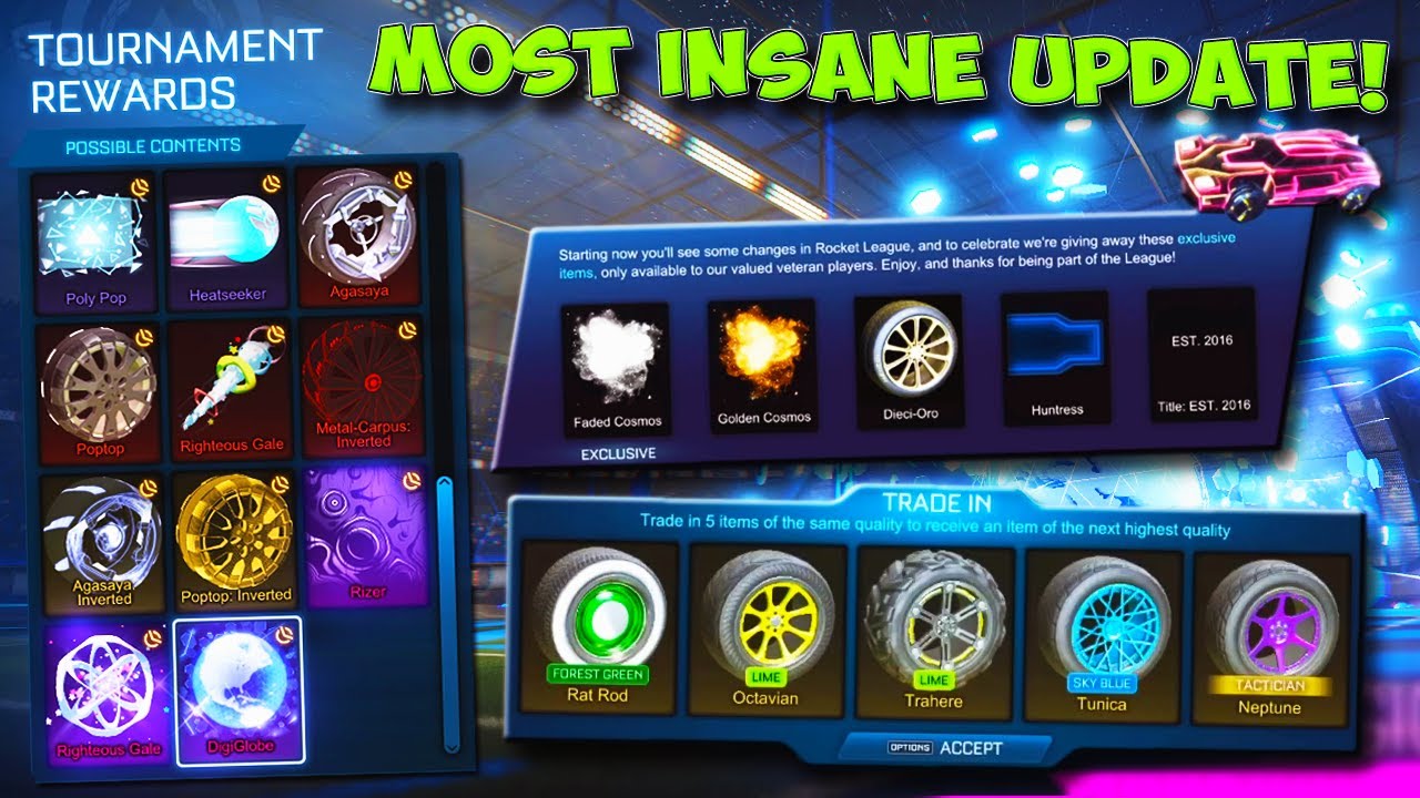 NEW BLACK MARKETS, GOLD DIECI, LEGACY ITEMS, EXOTIC TRADE UPS & MORE! INSANE Rocket League Update!