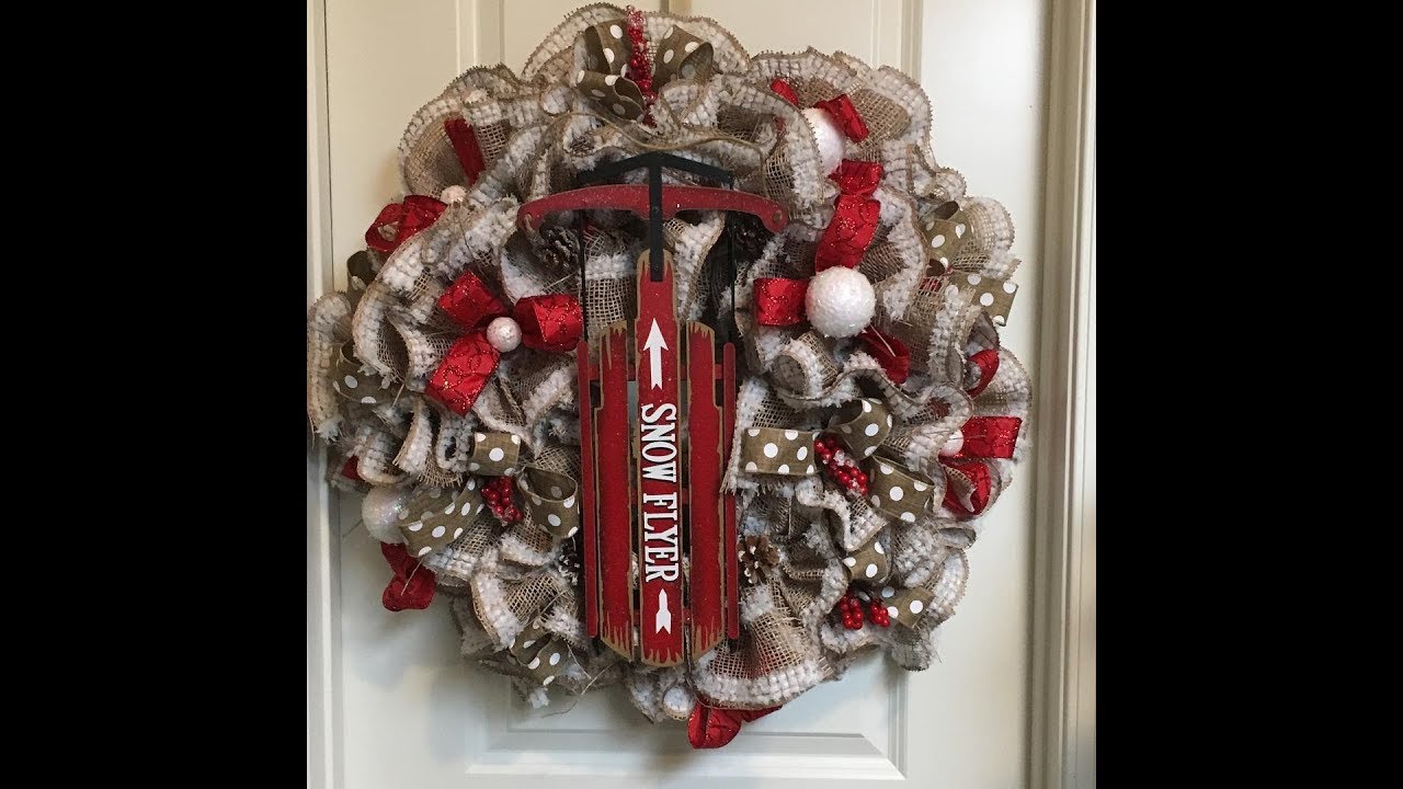 How to make a Winter Snow Sled Wreath with Poly Burlap Snow mesh ruffle method