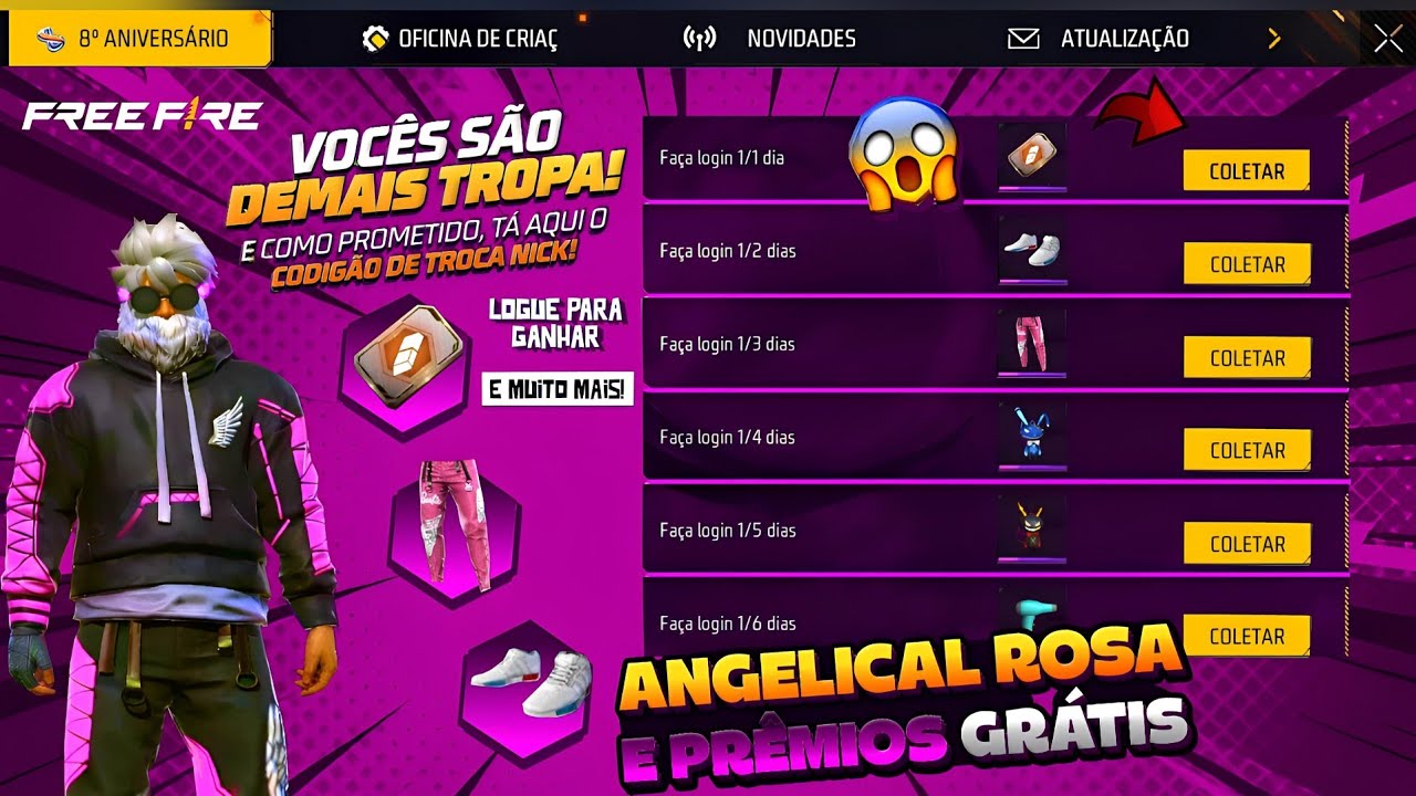 FINALMENTE! PEGUE A ANGELICAL ROSA?? TROCA DE NICK GRÁTIS, PRÊMIOS DA ATUALIZAÇÃO E MAIS - FREE FIRE