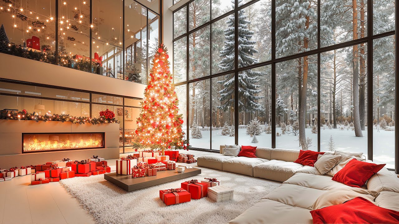 ❄ Christmas Living Room 2025 with Cozy Fireplace Ambience & Soft Snow 🎄🎅 Christmas Jazz for Relax