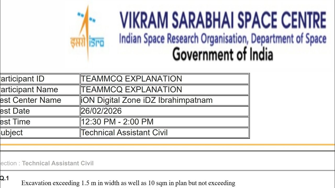 #ISRO VSSC TECHNICAL ASSISTANT CIVIL EXAM OFFICIAL QUESTION PAPER ANSWER KEY 2026. #isro VSSC paper 