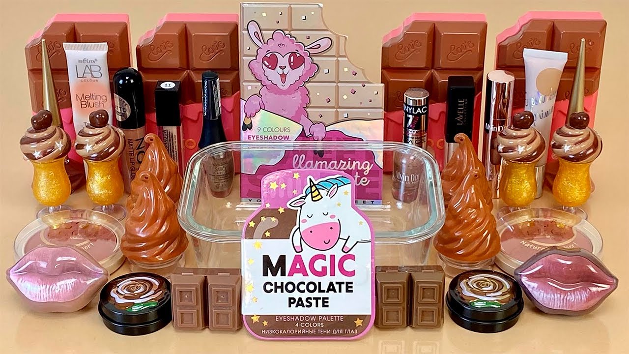 ASMR Slime 🍫 Mixing ”CHOCOLATE” makeup, Eyeshadow, glitter into slime. Satisfying slime video.