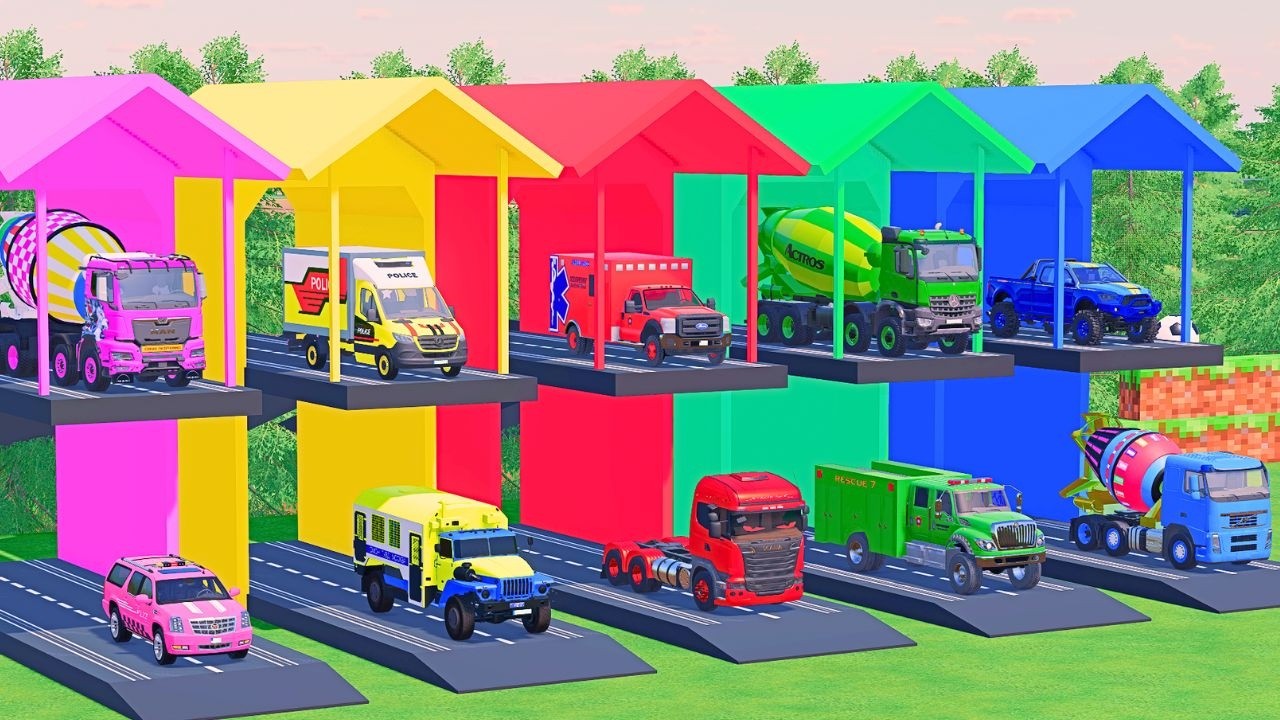 TRANSPORTING POLICE CARS, AMBULANCE, FIRE TRUCK, COLORFUL CARS WITH MIXER TRUCK ! FS22 #36