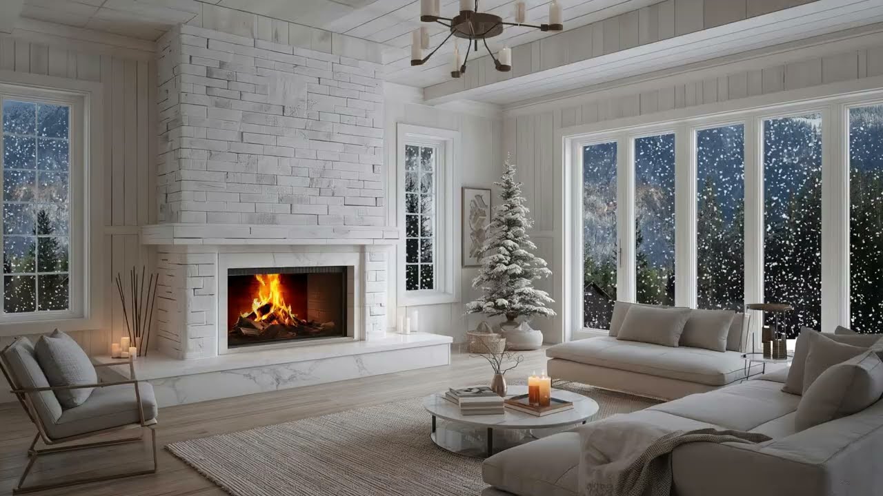 🏔️ 🔥❄️ White Cabin Fireplace & Snowfall – Serene Winter Sleep  Caucasian Style Atmosphere ✨🌨️