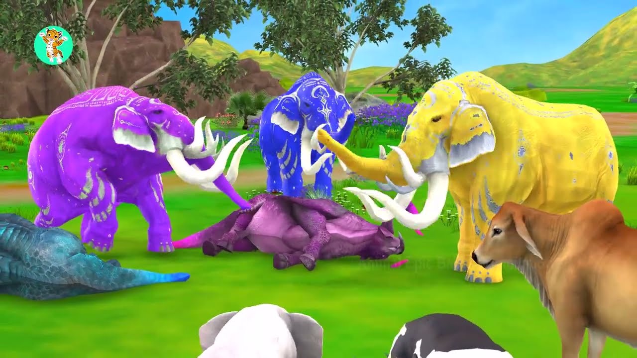 5 Giant Mammoth Elephant Cow Vs Giant Indian Bison Vs 5 Giant Lion Tiger Cub Saved By Woolly Mammoth