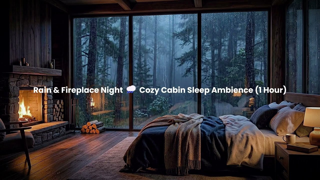 Rainy Night Cabin 🌧 Fireplace Sleep Ambience