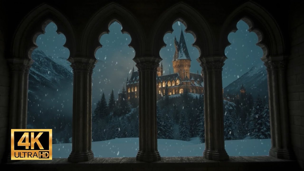 Harry Potter Winter Window View  4K- Hogwarts Snow Ambience & Wind Sounds for Study and Sleep