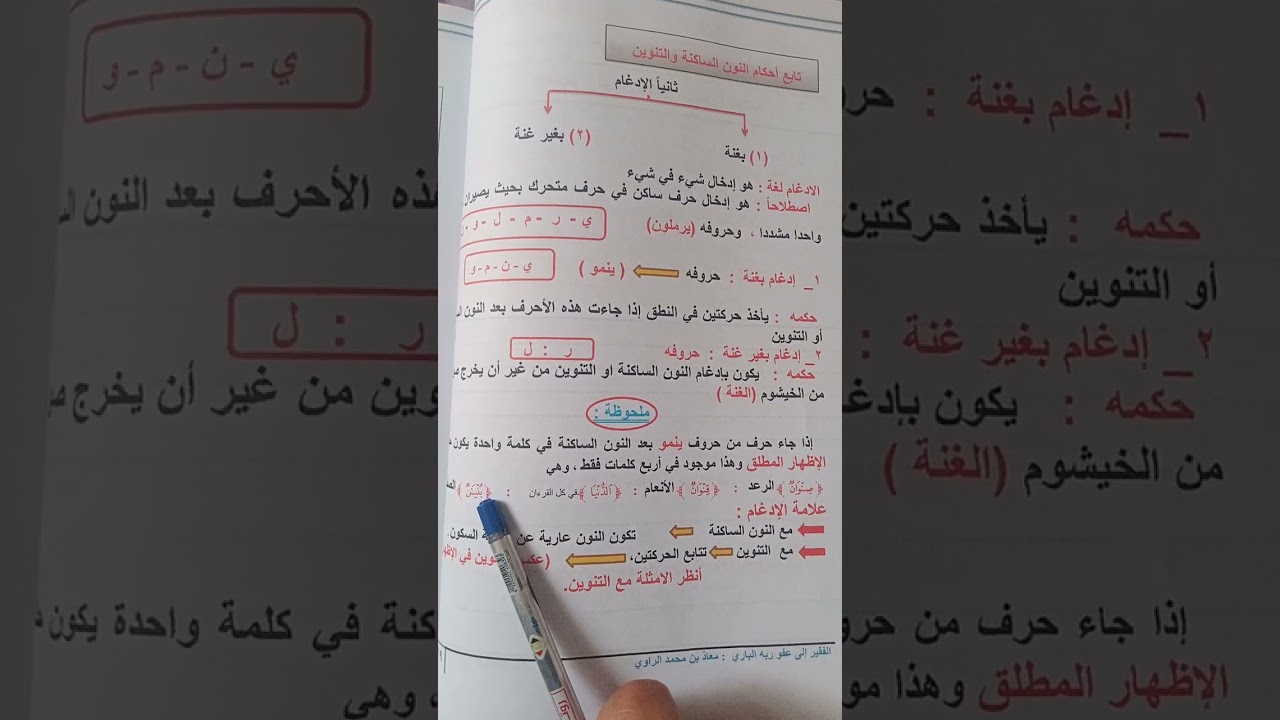 الحكم الثانى من أحكام النون الساكنه والتنوين (الادغام)