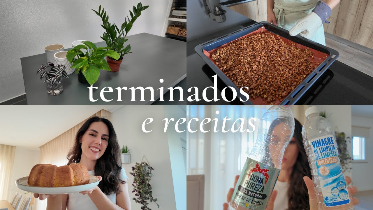 Produtos terminados de limpeza, Granola de nozes e chocolate, Bolo de laranja e Mais plantas novas 😅