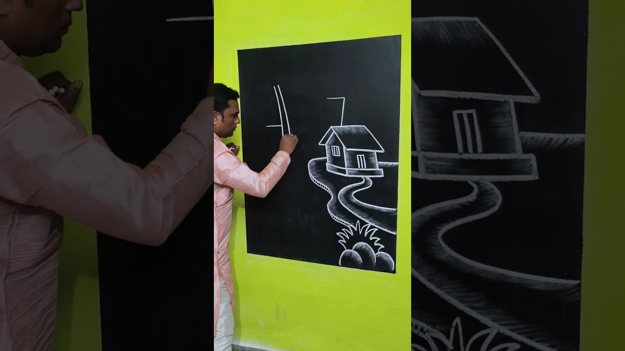 Easy Village Scenery Drawing on Blackboard | Chalk Art Tutorial