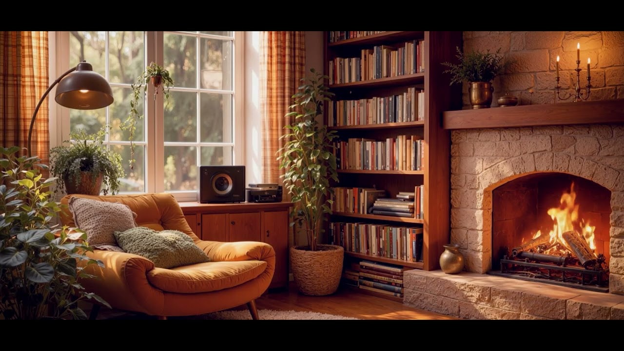 Vintage Living Room Fireplace 🔥 Cozy Fire Crackling & Soft Classical Music