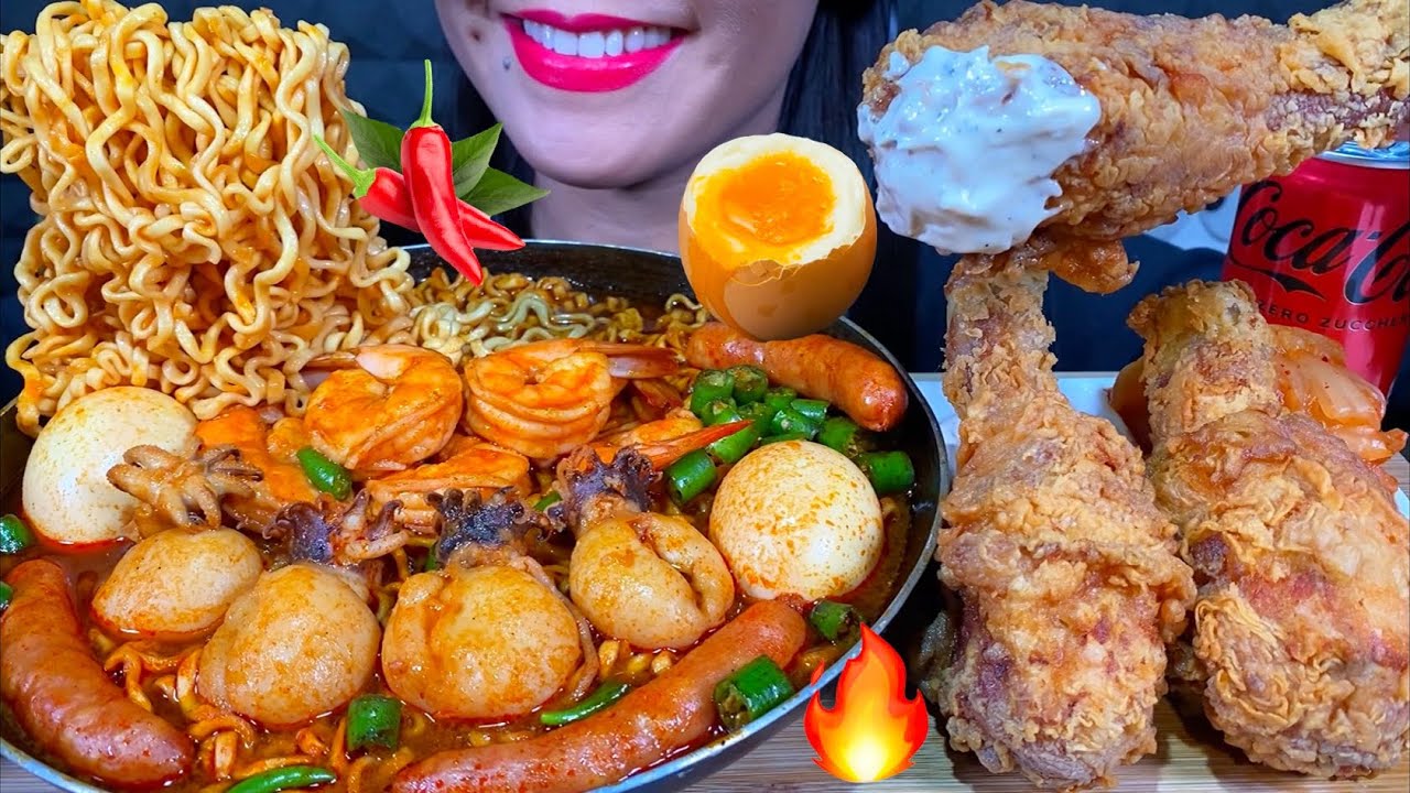 ASMR SOUPY FIRE NOODLES, FRIED CHICKEN, EGG, SHRIMP, CUTTLEFISH, SAUSAGE 먹방 MASSIVE Eating Sound