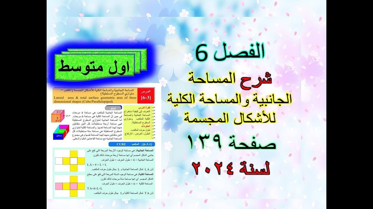 الفصل 6 شرح المساحة الجانبية والمساحة الكلية  للاشكال المجسمة  صفحة 139 للصف الاول متوسط