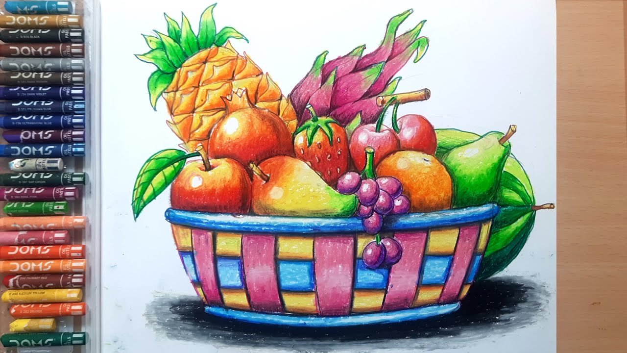 How to Draw Fruit Basket Easy Step by Step Fruit Bowl Drawing with DOMS Oil Pastels