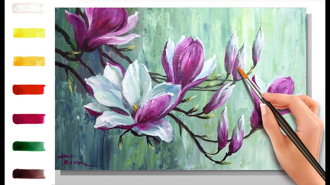 Blooming magnolia. How yo paint flowers🎨ACRYLIC tutorial DEMO
