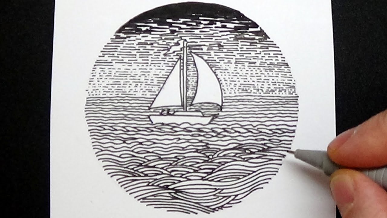 Sailboat, the Sea and Sky - Black and White Draw - Zentangle Inspired Art