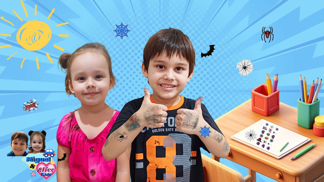 Miguel fez tatuagem!! Tutorial de como fazer tatuagem caseira / Miguel e Alice Kids