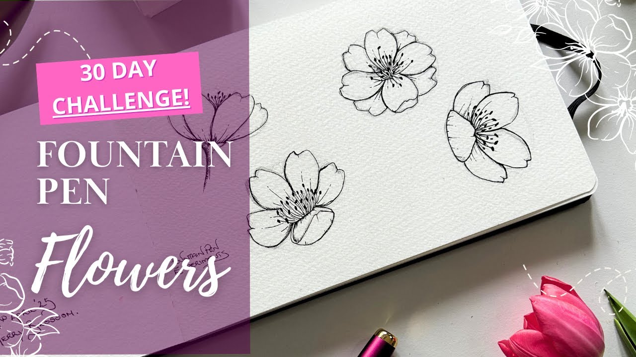 How to Draw Flowers with a Fountain Pen | 30 Day Flower Drawing Challenge | Cherry Blossom Sketch