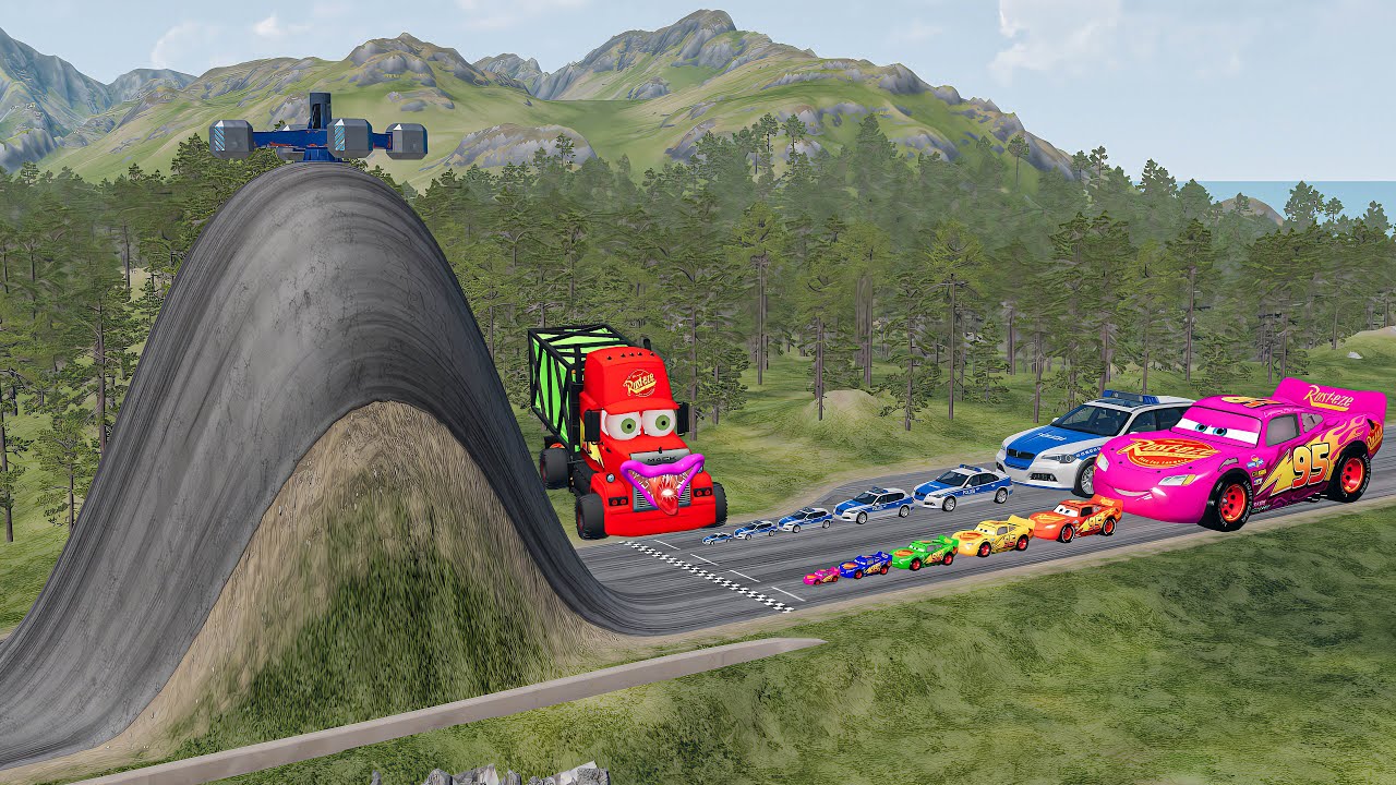 Big & Small McQueen & Police Car vs Zombie Mack,Giant Bulge & Spinner Downhill Race – BeamNG.drive