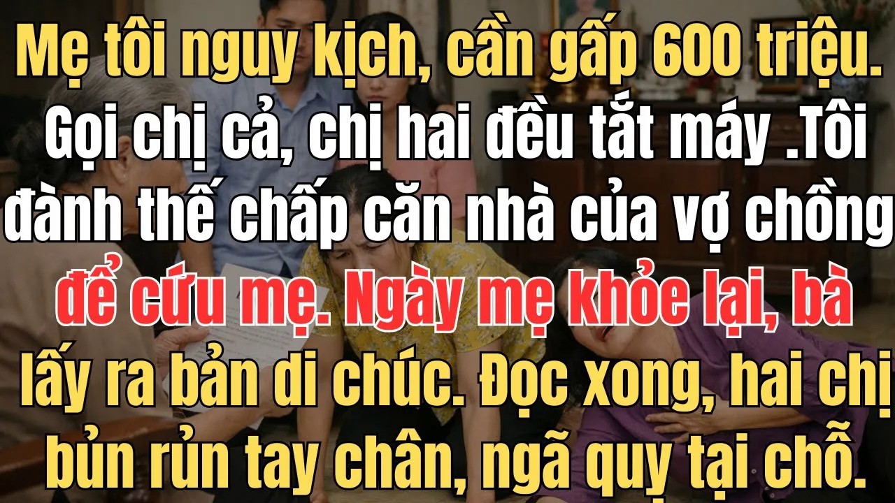 Mẹ tôi lâm bệnh nặng,cần gấp 600 triệu để cấp cứu  Tôi gọi cho chị cả, chị hai nhưng cả hai đều tắt