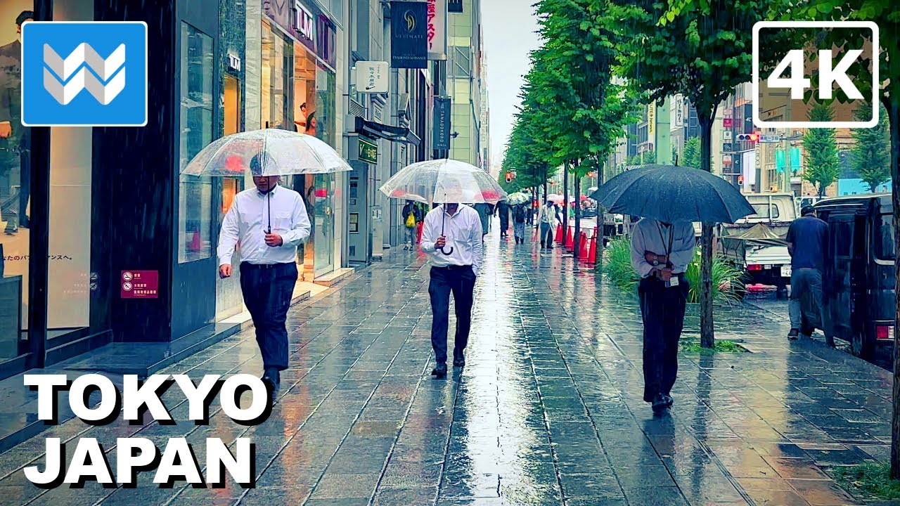 [4K] HEAVY RAIN in TOKYO JAPAN 🇯🇵 Kyobashi - Ginza - Tokyo Station Walking Tour ASMR Ambient Sounds