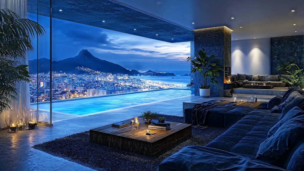 Premium Midnight City Lounge | Infinity Pool Waterfront Serenity & Elegant Night Ambient Vibes