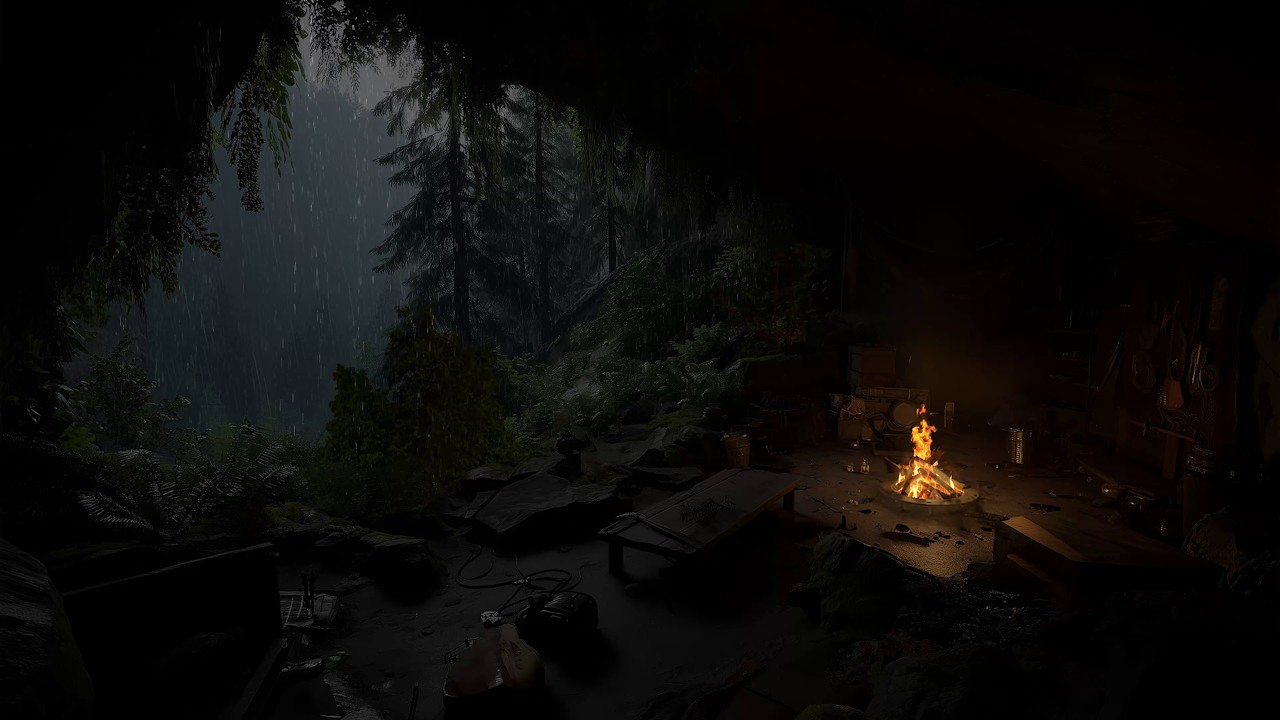 Ouvir A Chuva E O Fogo Crepitando Em Uma Caverna Na Floresta Em Uma Noite Chuvosa - Meditação