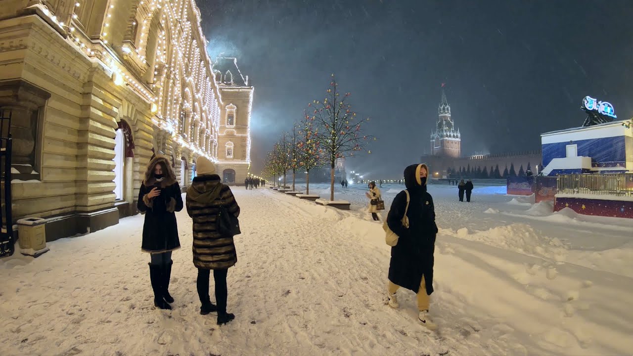 Прогулка по Москве, Снегопады, ночью в центре Москвы 4К. | Красная площадь, ГУМ, Никольская ул.