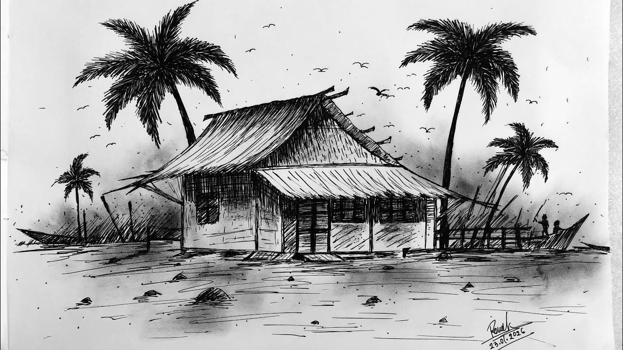 How to draw a village hut & palm trees sketch / Pencil drawing @ronaksdrawing 