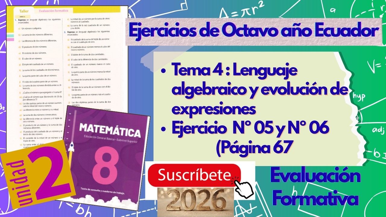 Lenguaje algebraico y evaluación de expresiones - Ejercicio Nº05 y Nº06(Libro de Octavo EGB)Pagina65
