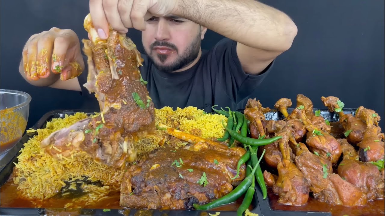 ASMR; EATING SPICY MUTTON LEGS CURRY CHICKEN LEGS CURRY WITH MASALA RICE GREEN CHILLI EXTRA GRAVY216