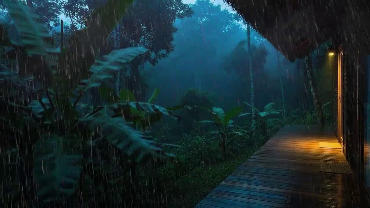 Fall Asleep Fast with Calm Rain Sounds and Rolling Thunder Murmur at Forest Cabin Terrace 🌧️