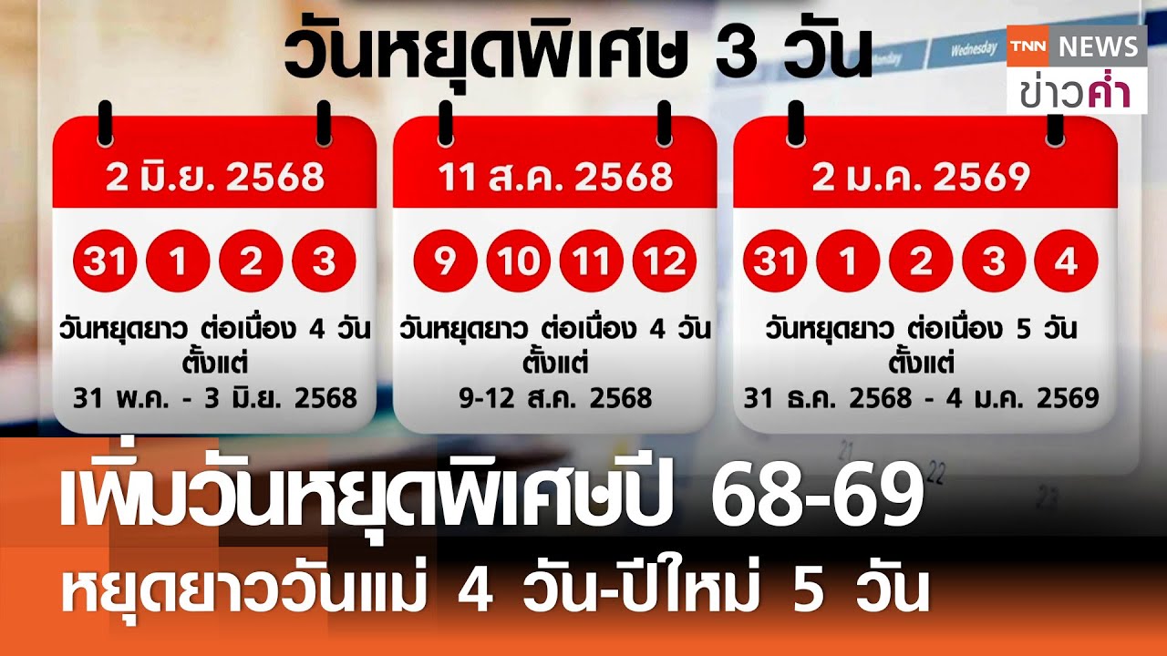 เพิ่มวันหยุดพิเศษปี 68-69 หยุดยาววันแม่ 4 วัน-ปีใหม่ 5 วัน | TNN ข่าวค่ำ | 12 พ.ย. 67