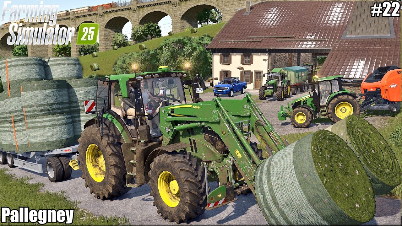 BALING FRESH ALFALFA AND HAULING BALES AFTER COVERING THE SILO BUNKER | FS25 | Pallegney | 22