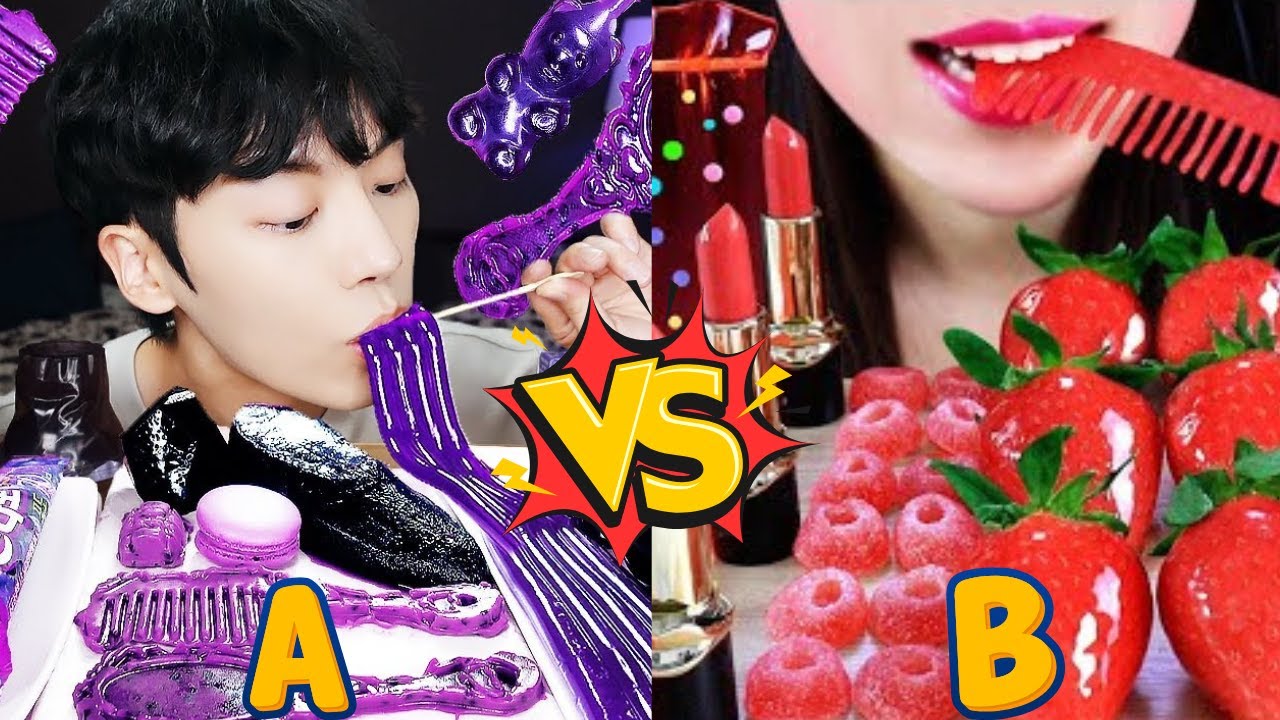 🌌 GALAXY HONEY JELLY vs RED CANDY PARTY ❤️ | Edible Hair Brush, Tanghulu & Purple Dessert Mukbang 🍭