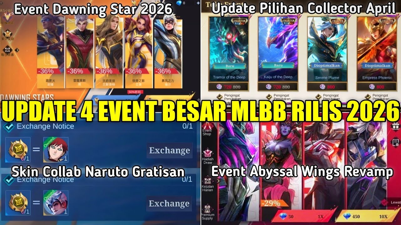 UPDATE 4 EVENT BESAR MLBB 2026! EVENT DAWNING STAR, ABYSSAL WINGS, COLLECTOR APRIL, FREE SKIN VALIR