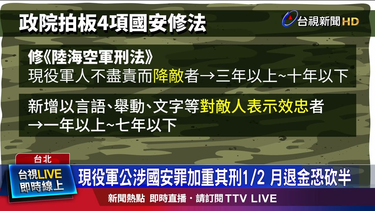 現役軍公涉國安罪加重其刑1/2 月退金恐砍半