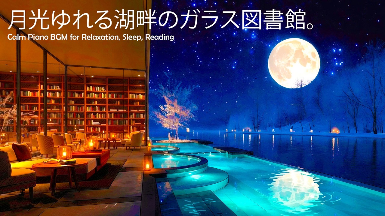 【Piano BGM】月光ゆれる湖畔のガラス図書館。読書と作業の静かな夜。