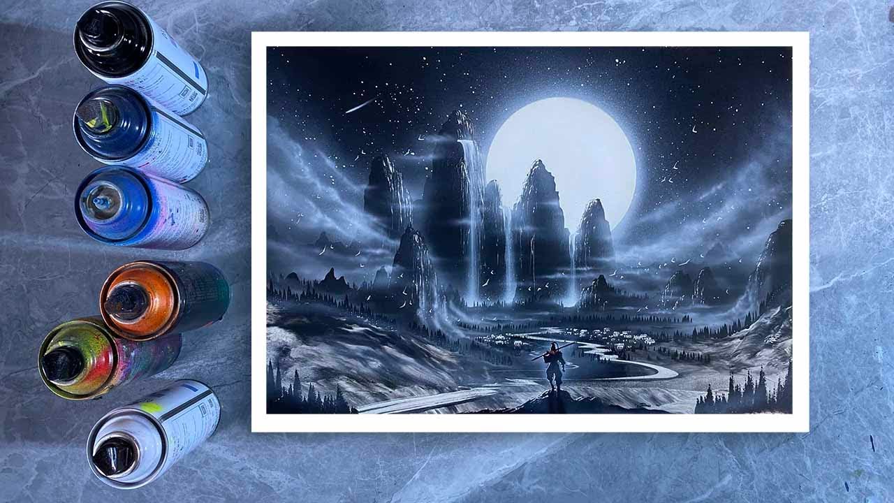 See how I create a Wuzhishan spray painting using black and white spray paint.
