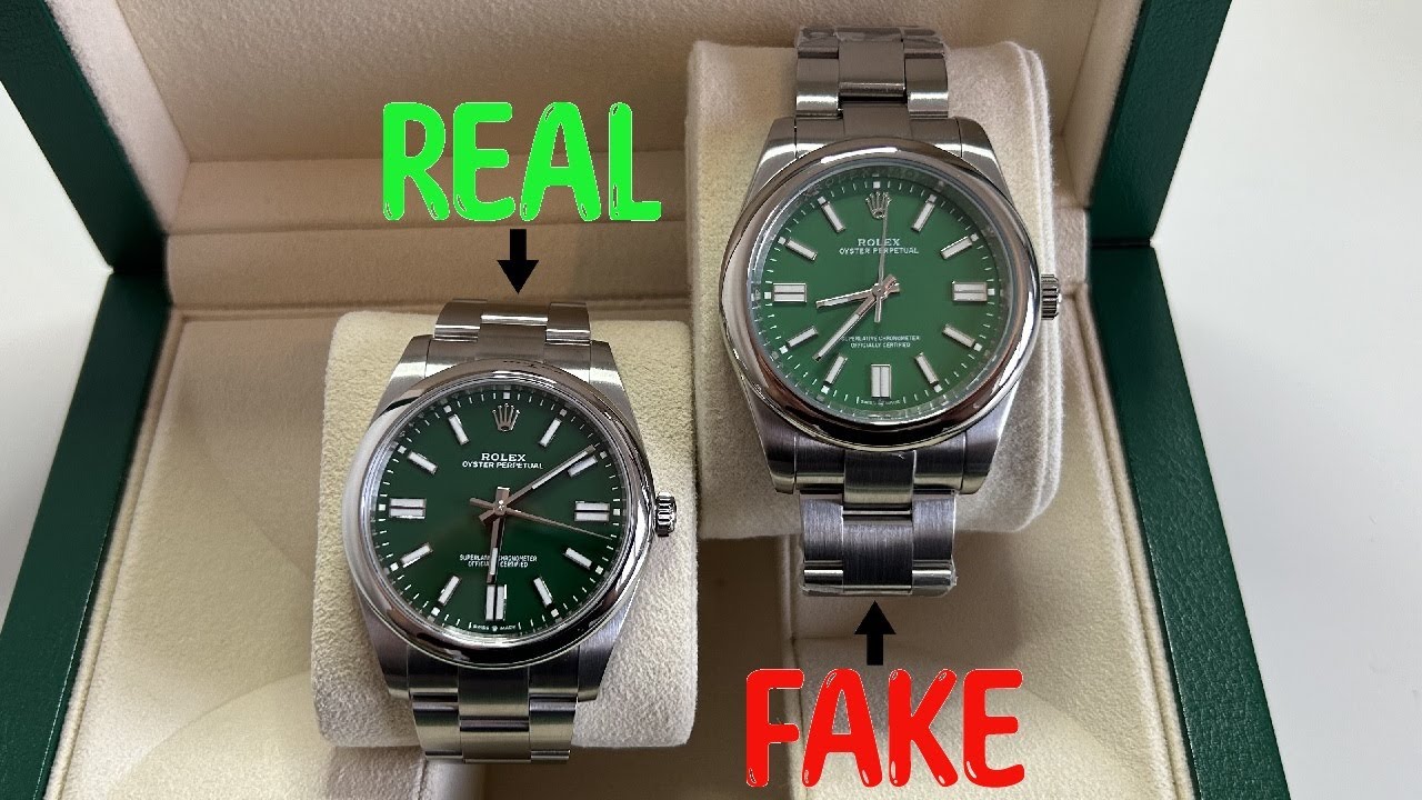 Сравнение оригинальных и поддельных наручных часов Rolex Oyster Perpetual 41 мм, зеленый цифербла...