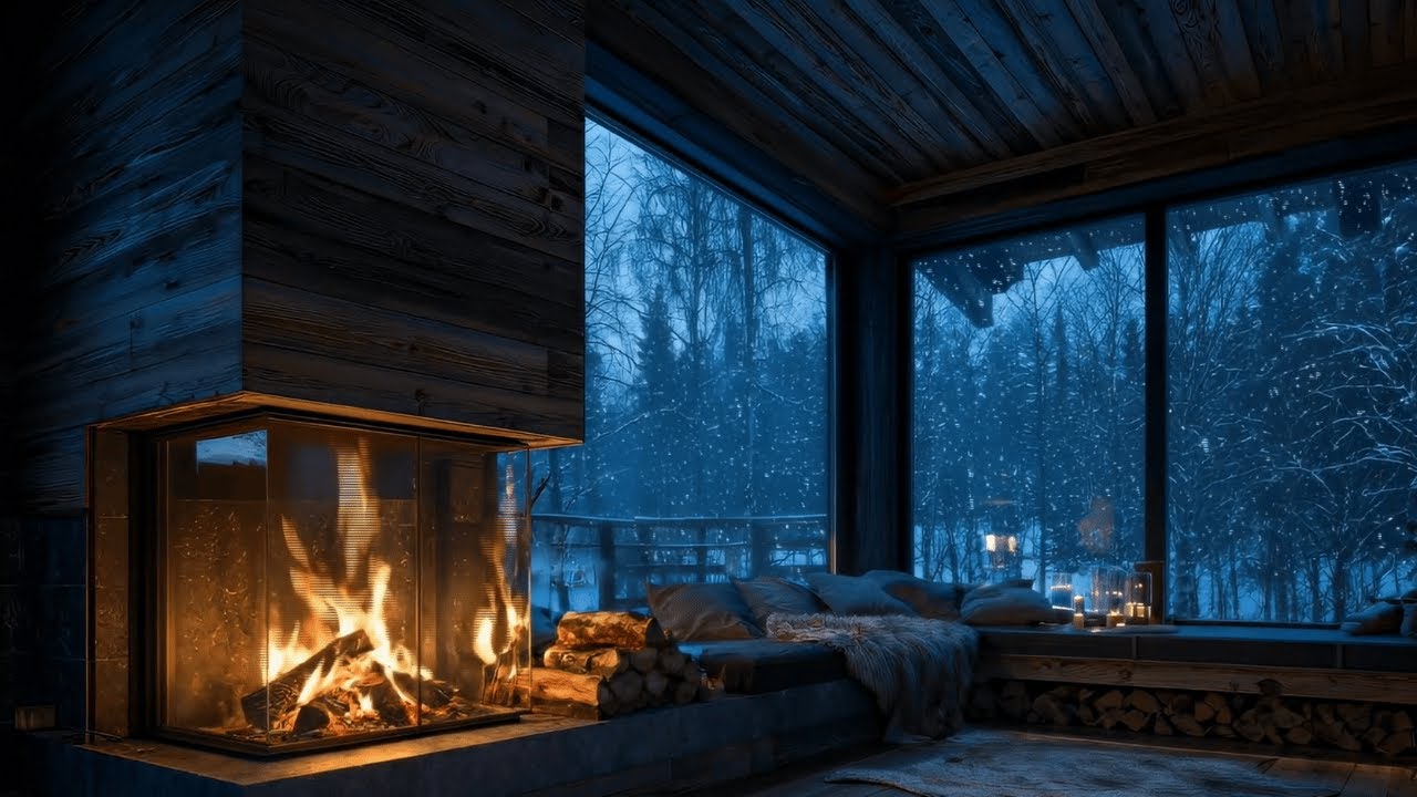 Cozy Winter Cabin Ambience ❄️ Crackling Fireplace & Snowstorm Sounds (10 Hours)