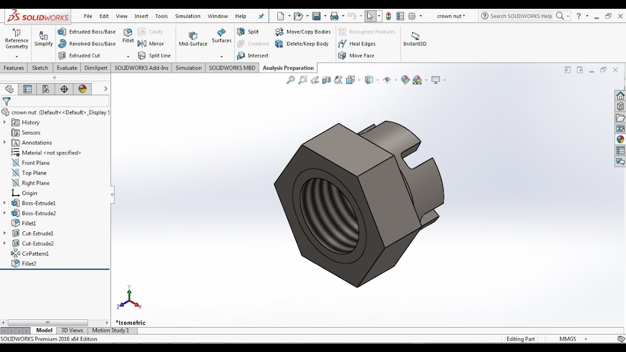 How to design a crown nut in solidworks?