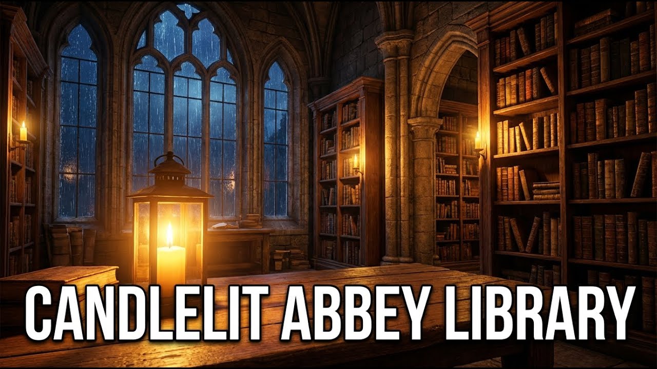 Rainy Night in a Candlelit Abbey Library/ Relaxing Rain Ambience for Deep Sleep