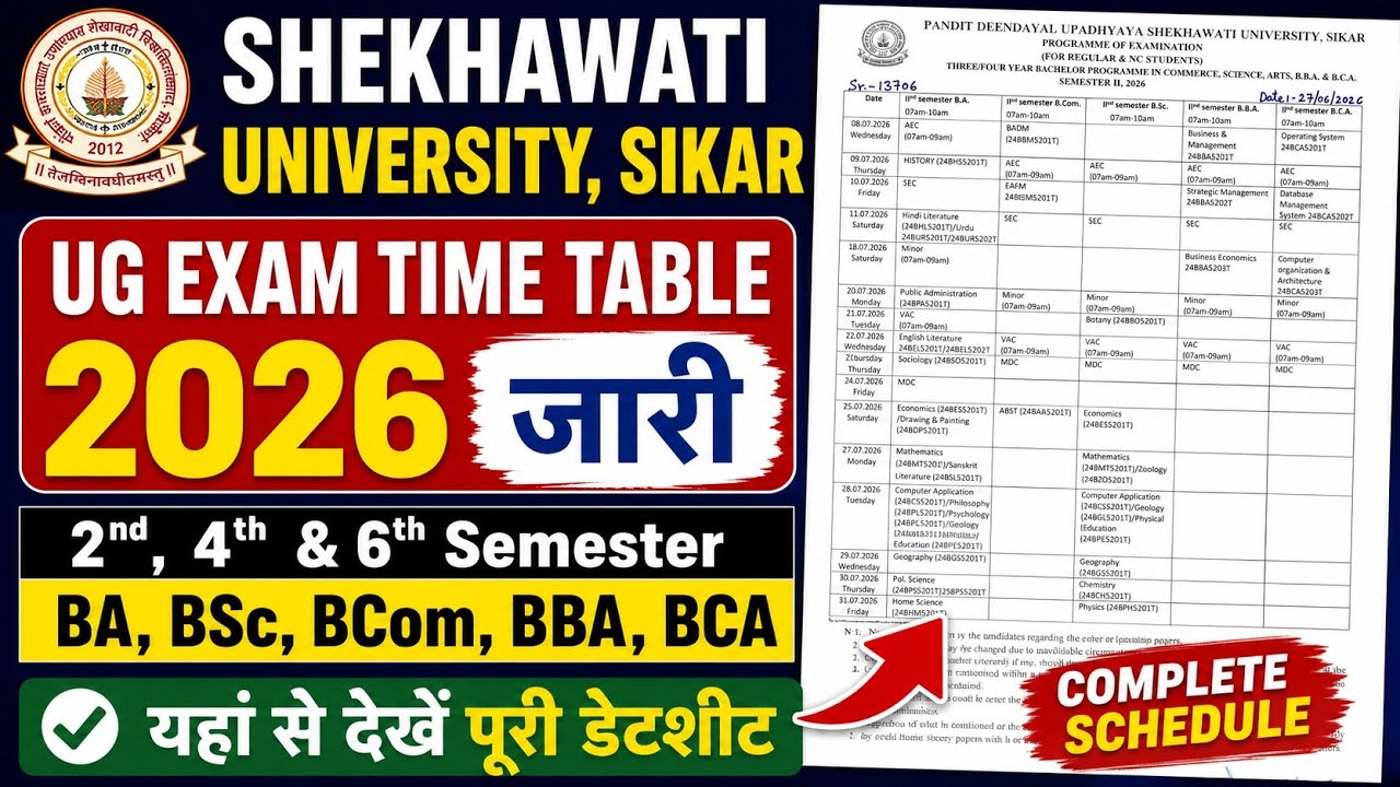 Shekhawati University (PDUSU) UG BA, BSc, BCom, BBA, BCA 2nd, 4th, 6th Semester Exam Time Table 2026