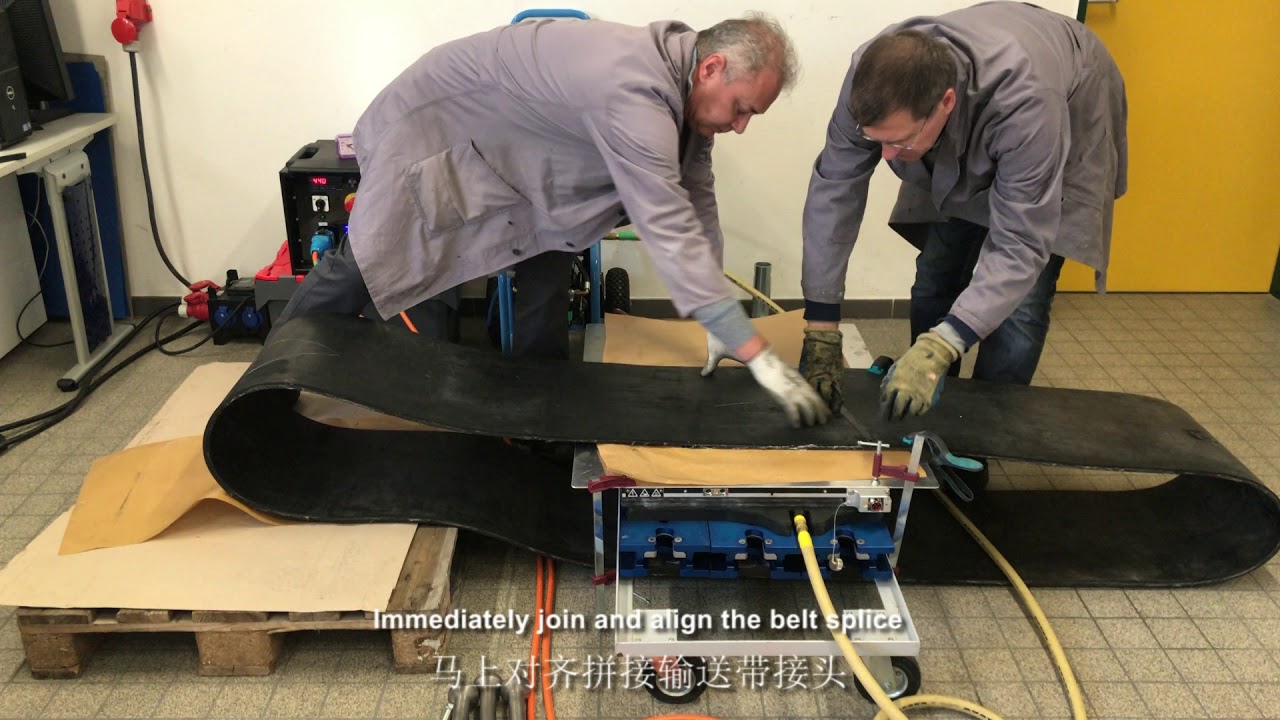 用魔贴飞士粘合剂和硫化机PWG-800-525-70A做热硫化接头 / Hot splicing of conveyor belt