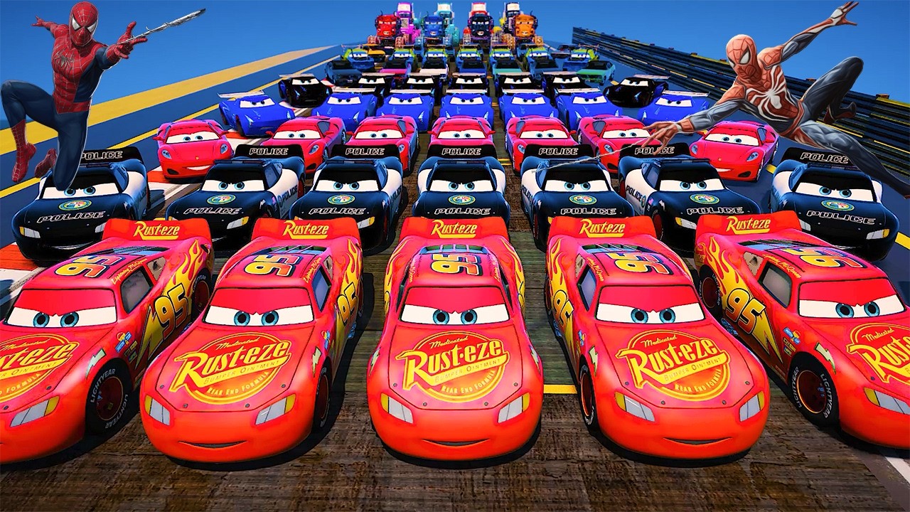 GTA 5 SPIDERMAN Cars Challenge Lightning & Monster McQueen Jackson Storm Miss Fritter & Friends Cars