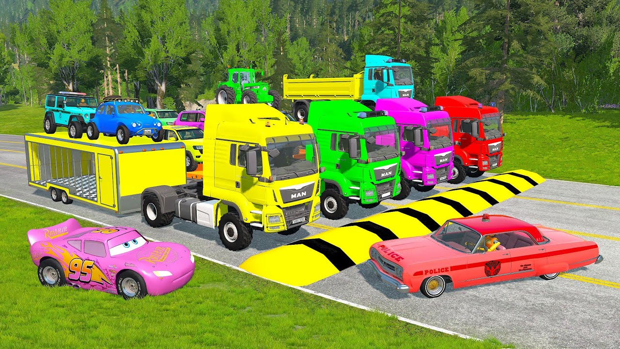 Flatbed Truck Mcqueen | Transportation with Truck - Pothole vs Car #38 - BeamNG.Drive